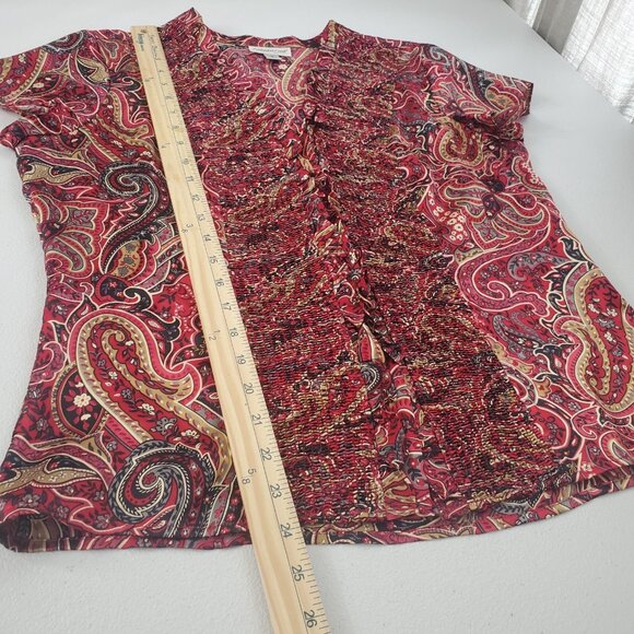 Coldwater Creek Womens 100% Silk Red Paisley Blouse Size M Smocked Old Money - Picture 7 of 8